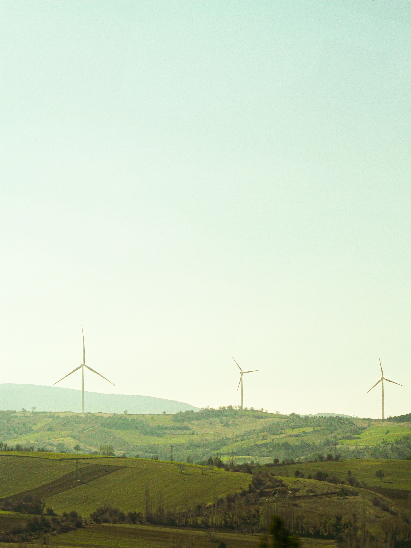 Wind turbines on green rolling hills